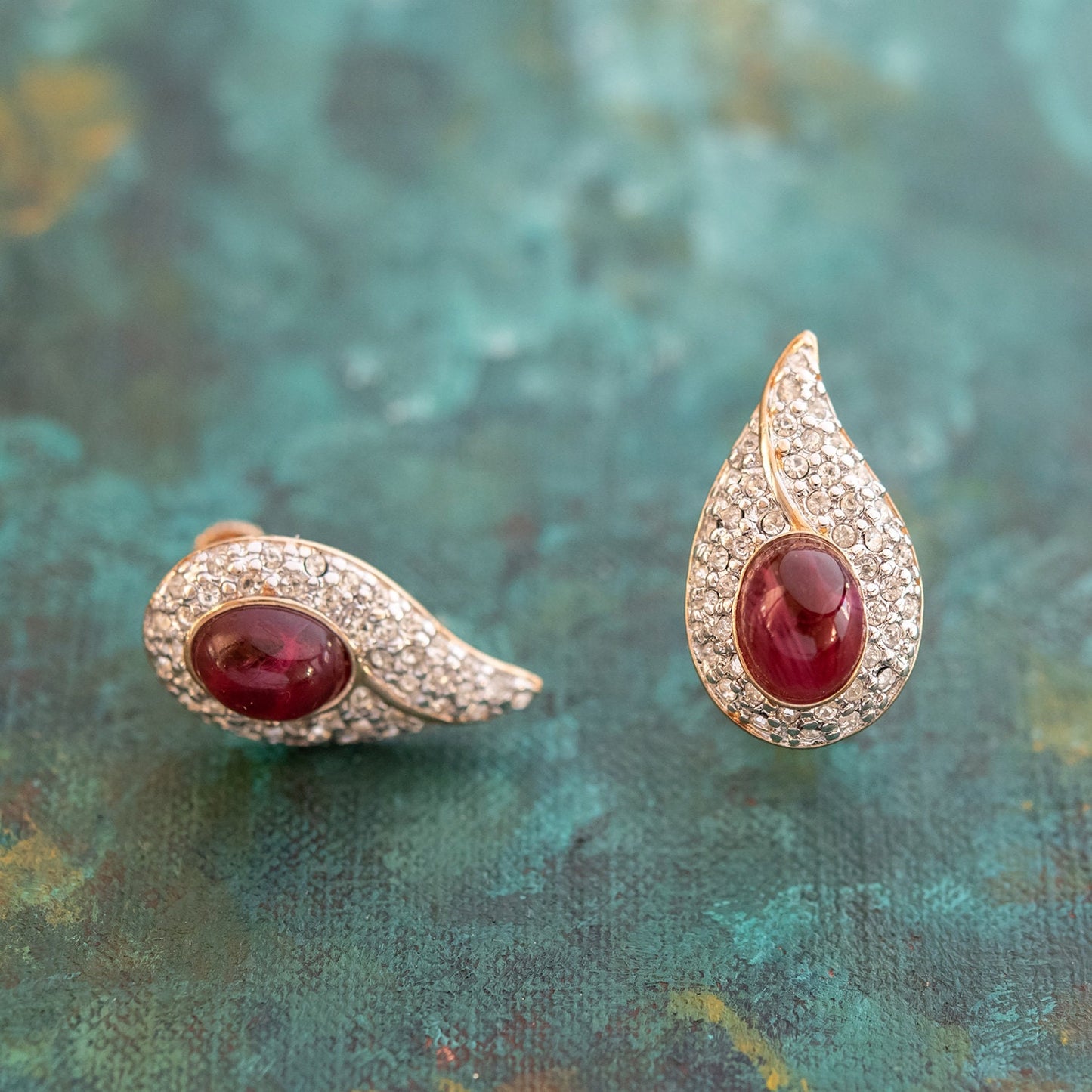 Vintage Ruby Cabochon Austrian Crystal Clip Earrings - 18kt Gold Electroplated Two-Tone jewelry image 1