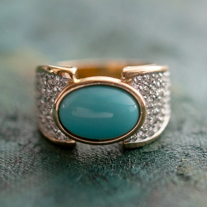 Vintage Ring Turquoise Glass Bead Clear Swarovski Crystals Cocktail Ring 18k Gold Antique Jewlery Womans R1934 - Limited Stock - Never Worn