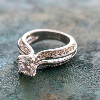 Vintage Ring Clear Cubiz Zirconia Solitaire Engagement Style Ring 1ct. Weight 18k White Gold Silver Electorplate #R2757-CCZW