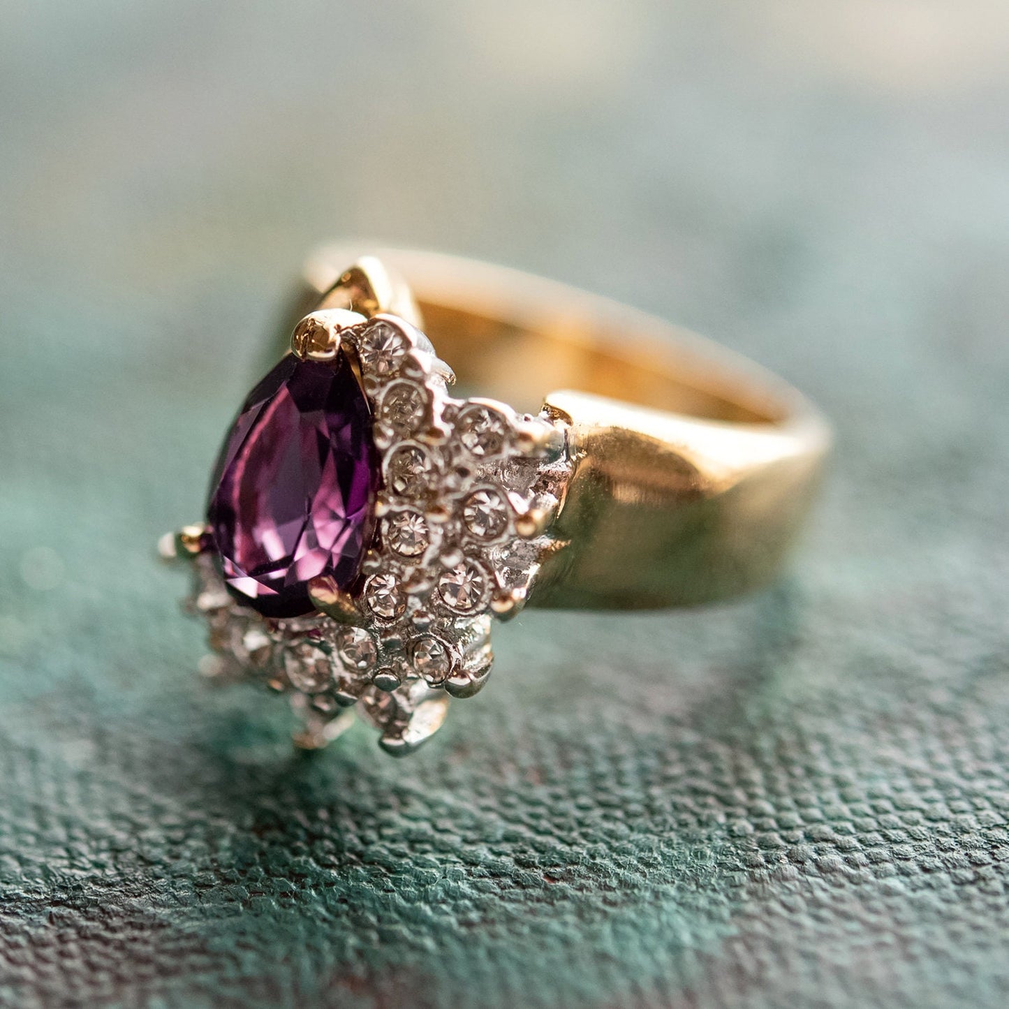 Vintage Ring Amethyst Cubic Zirconia and Clear Swarovski Crystals 18kt Gold  #R3163 - Limited Stock - Never Worn
