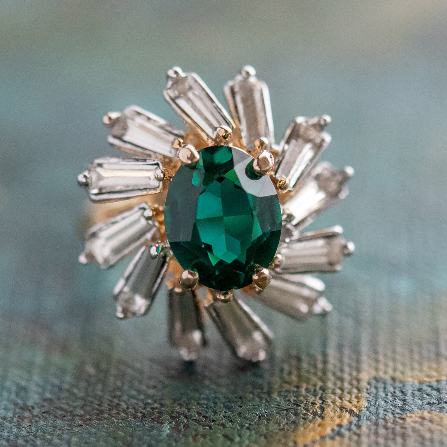 Vintage Ring Emerald and Clear Swarovski Crystal Cocktail Ring 18k Gold Made in the USA R1972-EY - Limited Stock - Never Worn