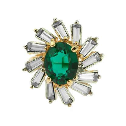 Vintage Ring Emerald and Clear Swarovski Crystal Cocktail Ring 18k Gold Made in the USA R1972-EY - Limited Stock - Never Worn