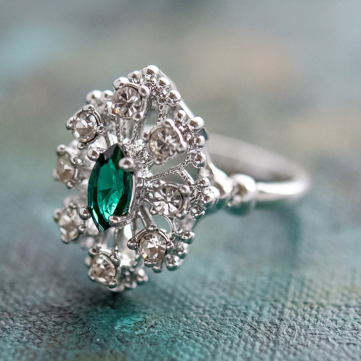 Vintage Ring Emerald and Clear Crystal Ring Birthstone Ring 18kt Antique Gold Made in America - Limited Stock - Never Worn