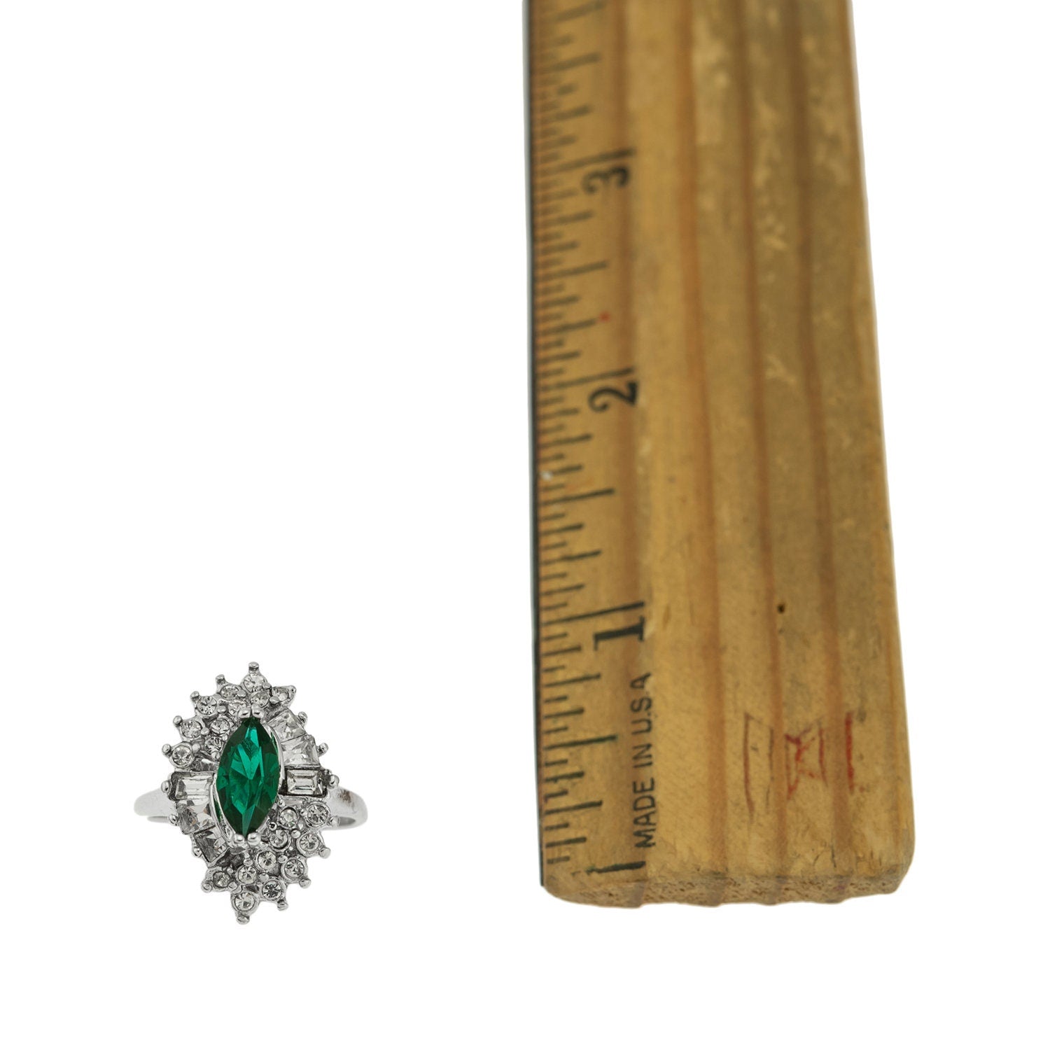 Vintage Ring Emerald and Clear Crystal Ring Birthstone Ring 18kt Antique Gold Made in America - Limited Stock - Never Worn