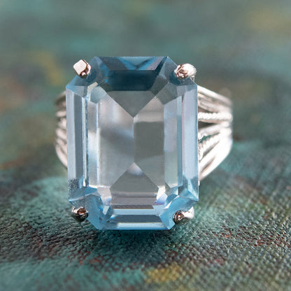 Vintage 1970s Aquamarine Austrian Crystal 18k White Gold Electroplated Cocktail Ring Made in USA jewelry image 1