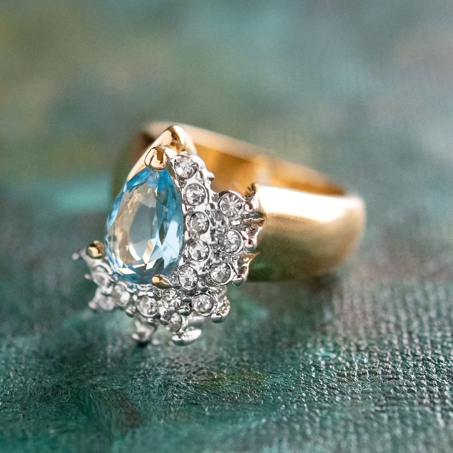 Vintage Ring Aquamarine Cubic Zirconia and Clear Swarovski Crystals 18kt Gold  #R3163-AQY - Limited Stock - Never Worn