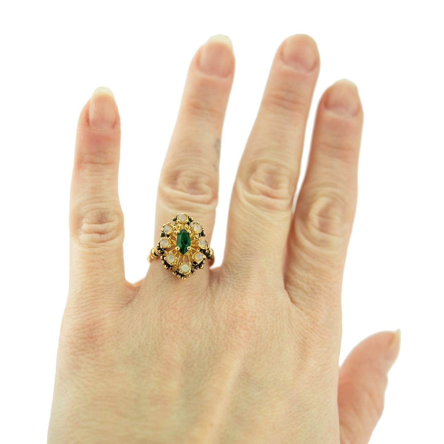 Vintage Ring Emerald and Pinfire Opal Cocktail Ring Birthstone 18kt Antique Jewelry for Women - Limited Stock - Never Worn