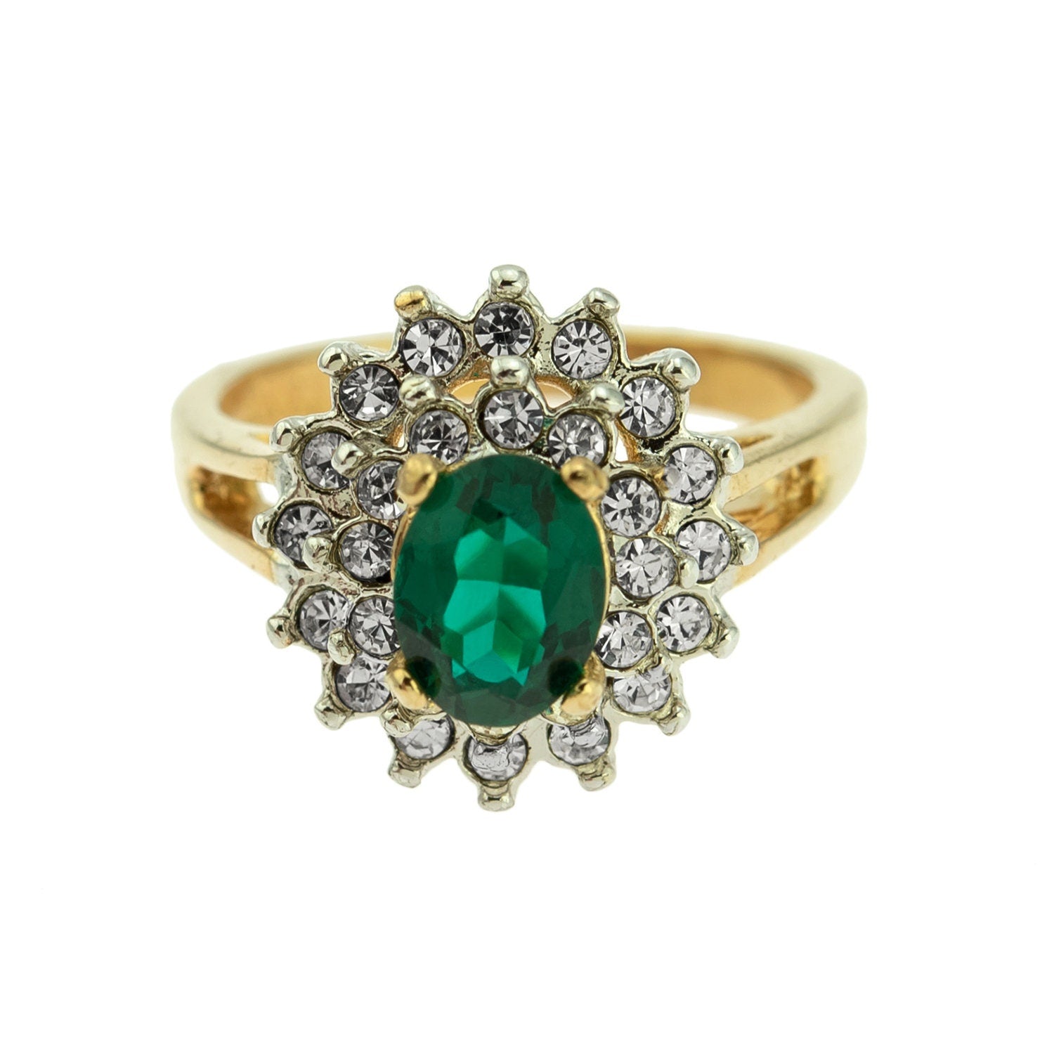 Vintage Ring Emerald and Clear Swarovski Crystals 18k Gold Antique Womans Jewelry Rings Emerald Size #R1352-EWY - Limited Stock - Never Worn