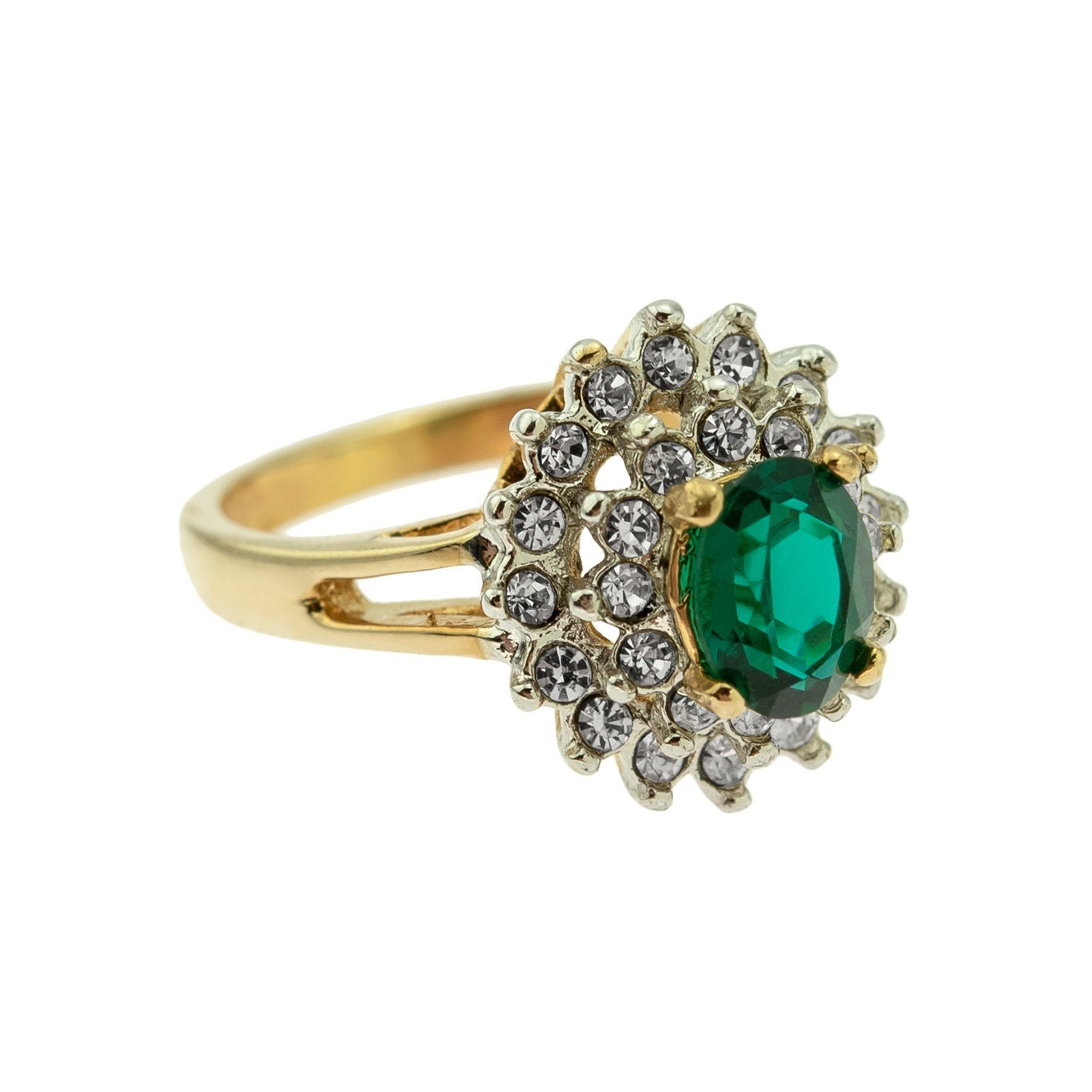 Vintage Ring Emerald and Clear Swarovski Crystals 18k Gold Antique Womans Jewelry Rings Emerald Size #R1352-EWY - Limited Stock - Never Worn