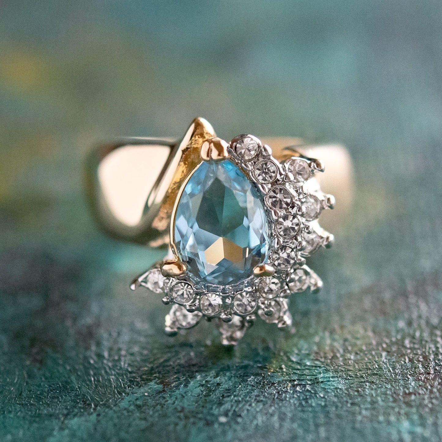 Vintage Ring Aquamarine Cubic Zirconia and Clear Swarovski Crystals 18kt Gold  #R3163-AQY - Limited Stock - Never Worn