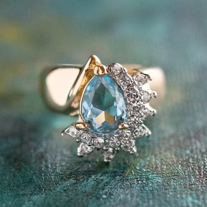Vintage Ring Aquamarine Cubic Zirconia and Clear Swarovski Crystals 18kt Gold  #R3163-AQY - Limited Stock - Never Worn