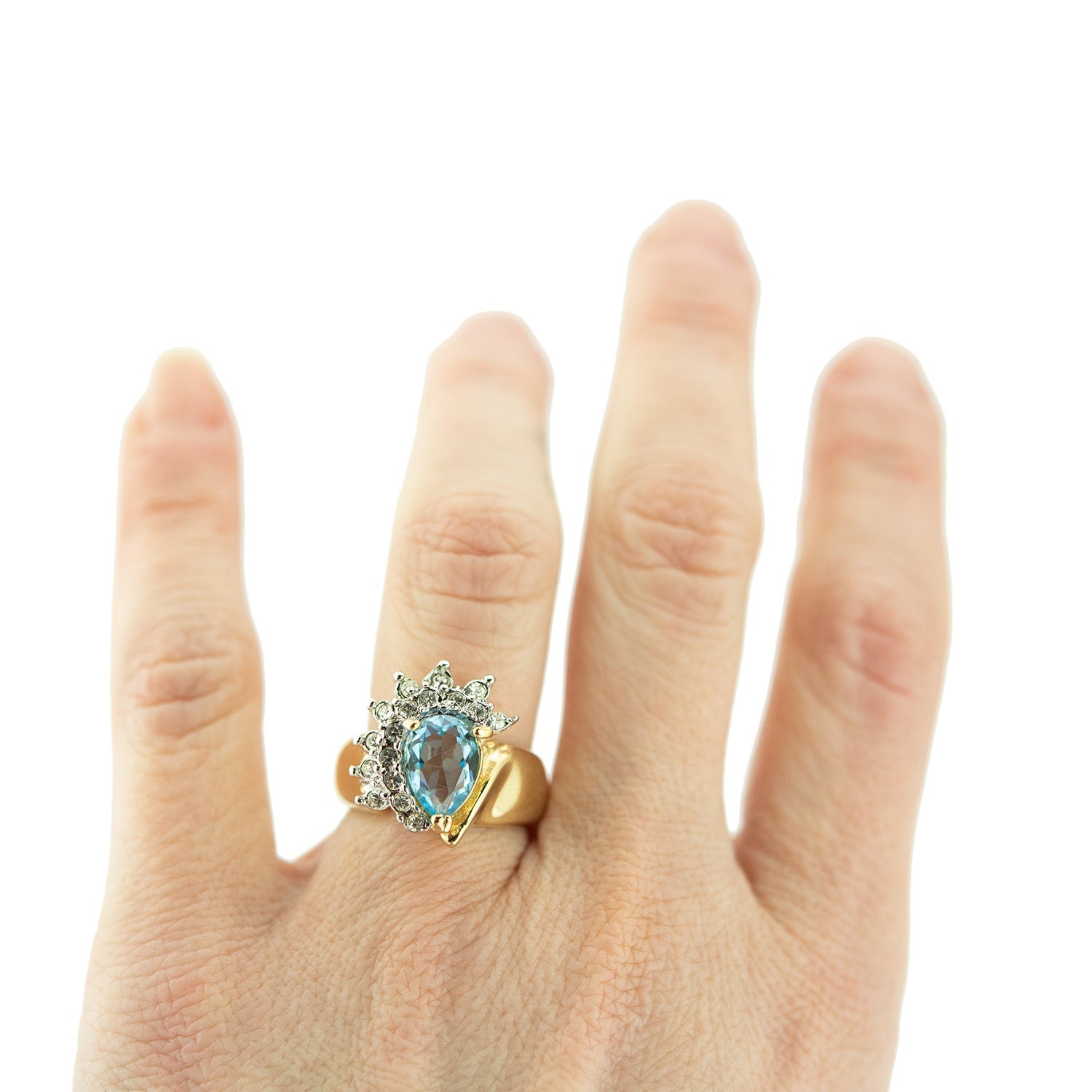 Vintage Ring Aquamarine Cubic Zirconia and Clear Swarovski Crystals 18kt Gold  #R3163-AQY - Limited Stock - Never Worn