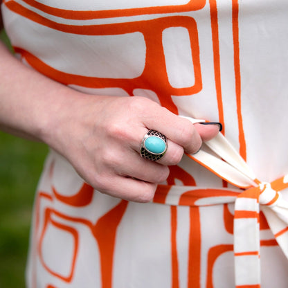 Vintage Ring 1980s Mens Ring Turquoise Bead Antique 18k White Gold Silver Ring Womans Jewelry #R1052 - Limited Stock - Never Worn