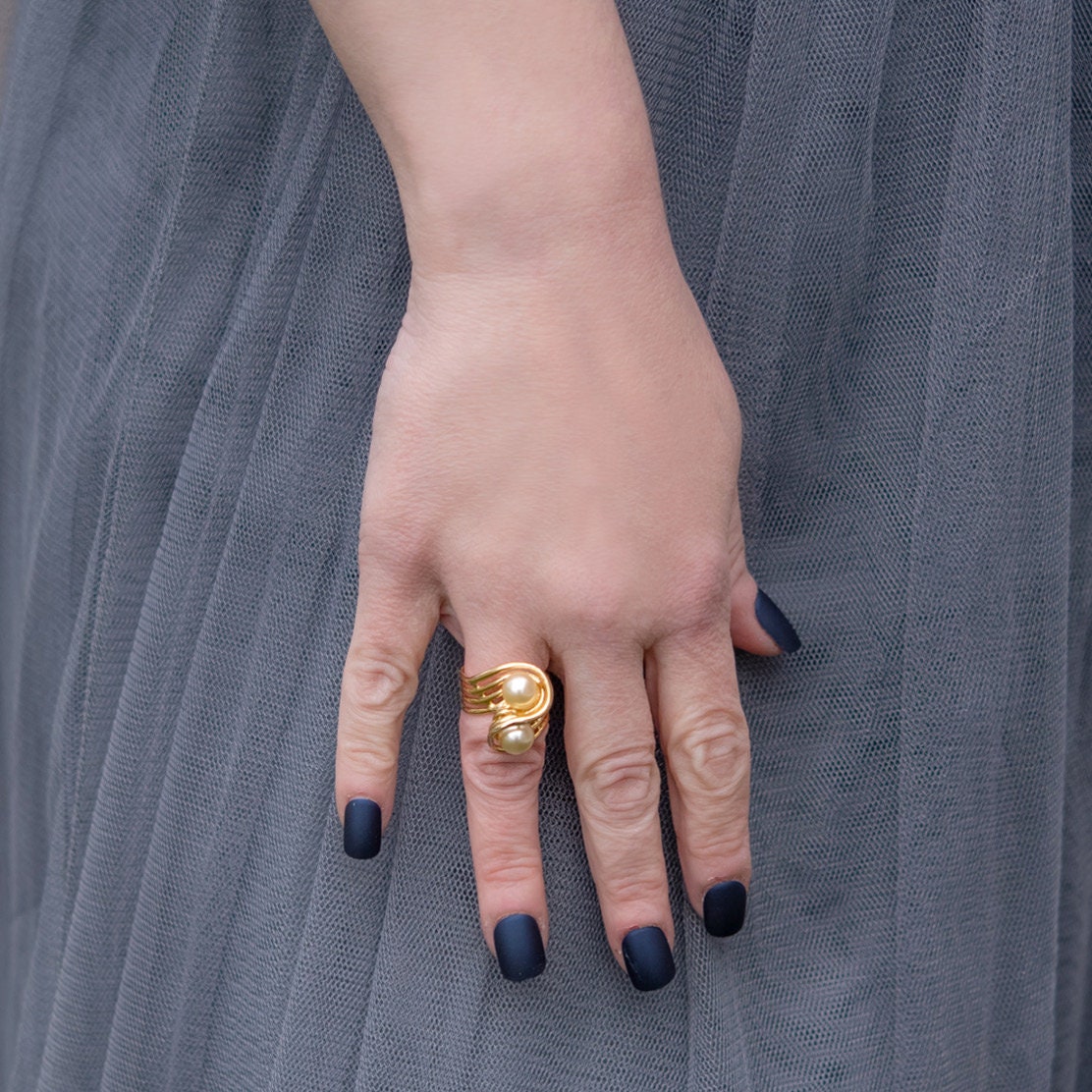 Vintage 1970's Cream Glass Pearl Ring 18k Gold Antique Pearls Womans Jewelry Handmade Pearl R3033 - Limited Stock - Never Worn