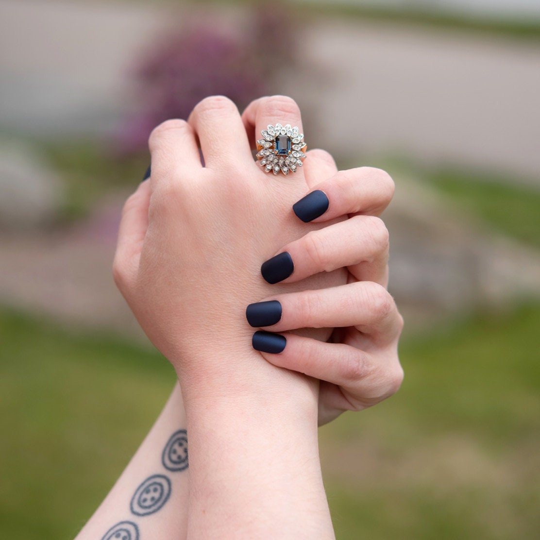 Vintage Ring 1970's Sapphire and Clear Swarovski Crystals 18k Gold Antique Jewelry for Women #R1968 - Limited Stock - Never Worn