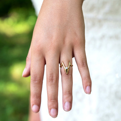 A Vintage 1980s Cubic Zirconia Ring V Shaped 18k Yellow Gold Electroplated MidCentury Modern Boho Womans Rings Jewelry April #R1093