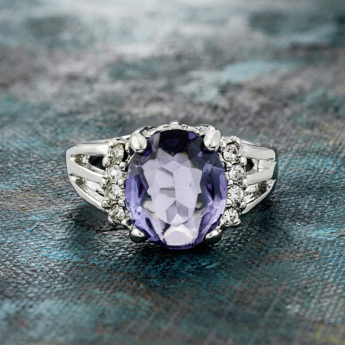 Vintage 1980s Tanzanite CZ Ring with Clear Austrian Crystals – 18k White Gold Electroplated jewelry image 1