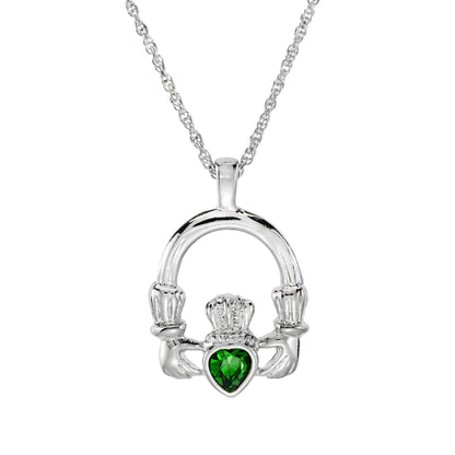 Vintage Claddagh Necklace Green Tourmaline Swarovski Heart Crystal 18k White Gold Silver Made in the USA N3099