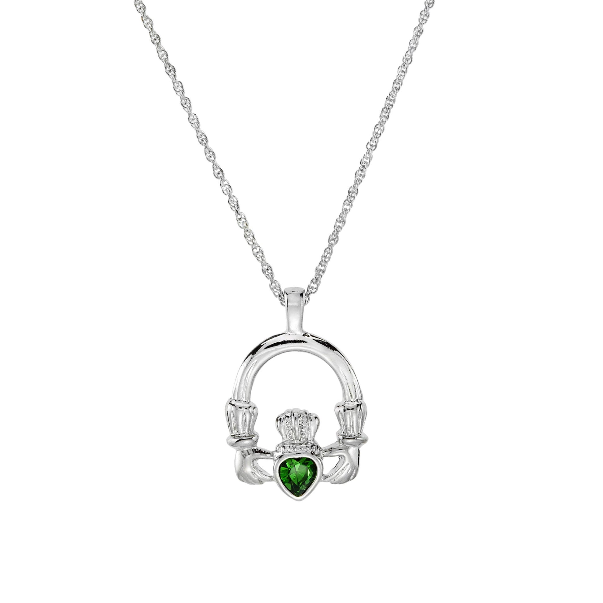 Vintage Claddagh Necklace Green Tourmaline Swarovski Heart Crystal 18k White Gold Silver Made in the USA N3099