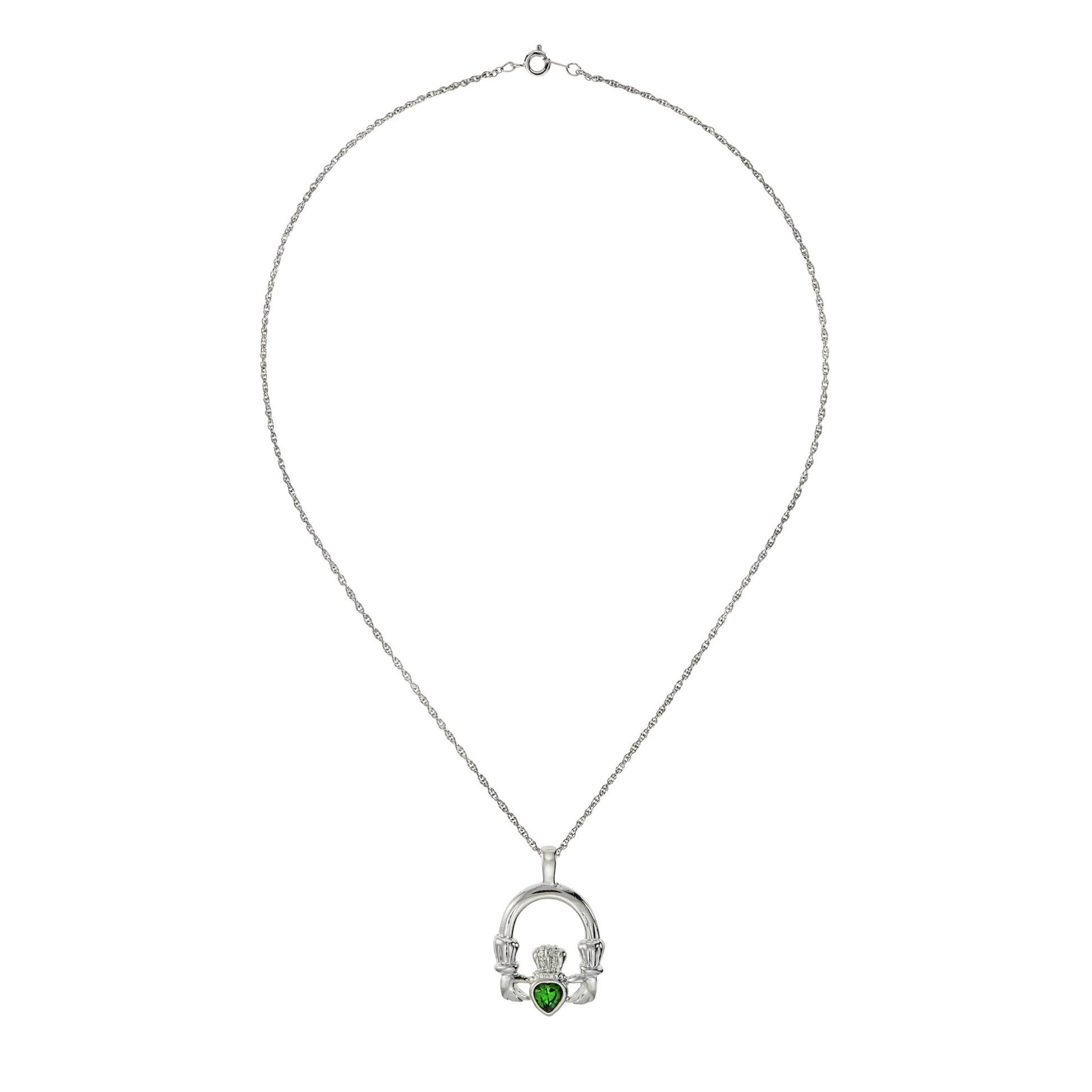 Vintage Claddagh Necklace Green Tourmaline Swarovski Heart Crystal 18k White Gold Silver Made in the USA N3099