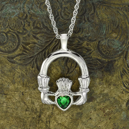 Vintage Claddagh Necklace Green Tourmaline Swarovski Heart Crystal 18k White Gold Silver Made in the USA N3099