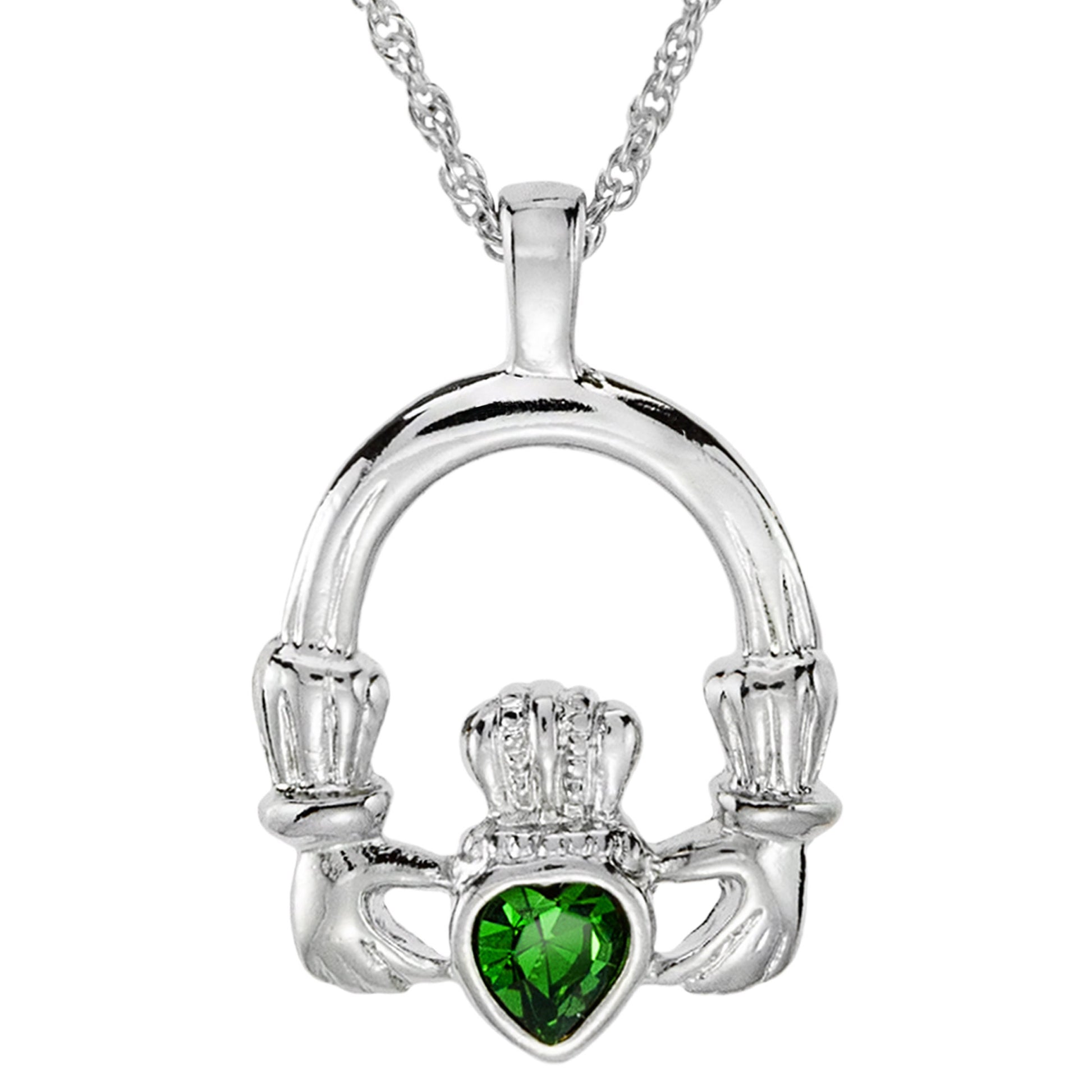 Vintage Claddagh Necklace Green Tourmaline Swarovski Heart Crystal 18k White Gold Silver Made in the USA N3099