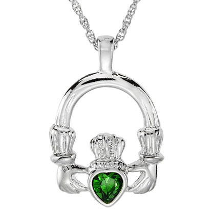 Vintage Claddagh Necklace Green Tourmaline Swarovski Heart Crystal 18k White Gold Silver Made in the USA N3099