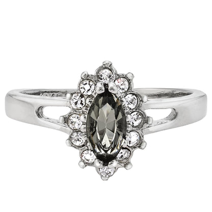 Vintage Ring Black Diamond Engagement Ring and Clear Swarovski Crystals Antique 18kt White Gold Silver Jewelry for Women  #R1314