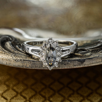 Vintage Ring Black Diamond Engagement Ring and Clear Swarovski Crystals Antique 18kt White Gold Silver Jewelry for Women  #R1314