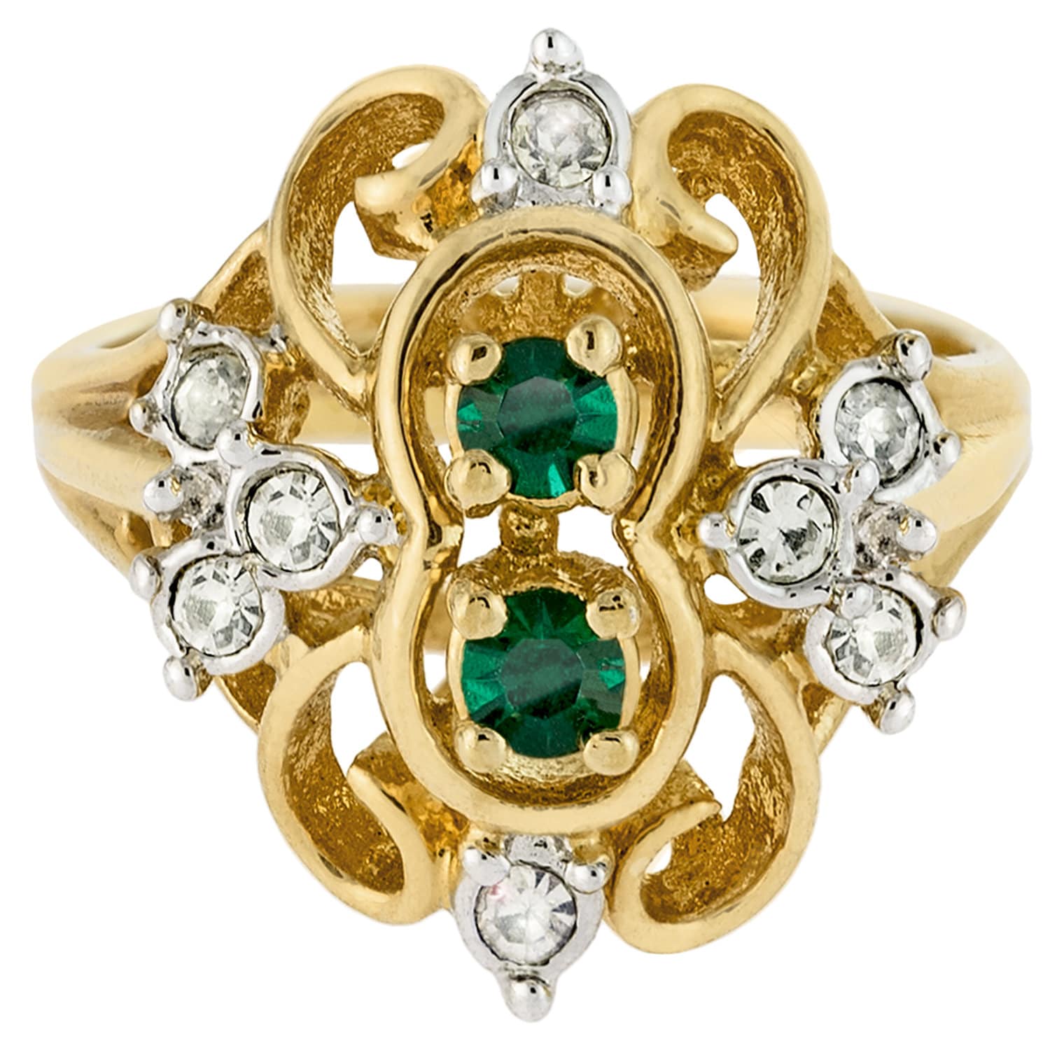 Vintage Ring 1980's Ring Emerald and Clear Austrian Crystal 18k Gold Made in the USA R2057 - Limited Stock - Never Worn