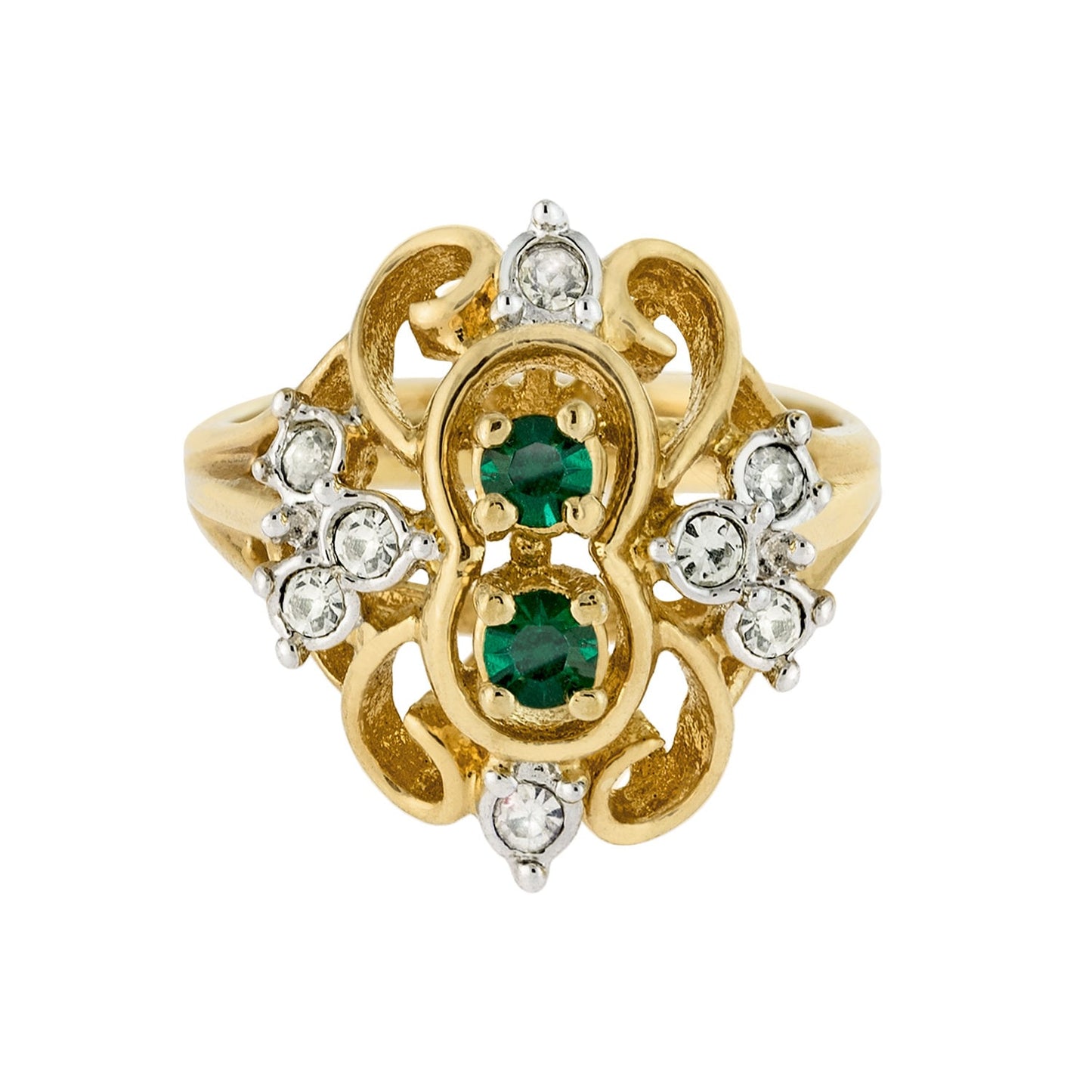 Vintage Ring 1980's Ring Emerald and Clear Austrian Crystal 18k Gold Made in the USA R2057 - Limited Stock - Never Worn