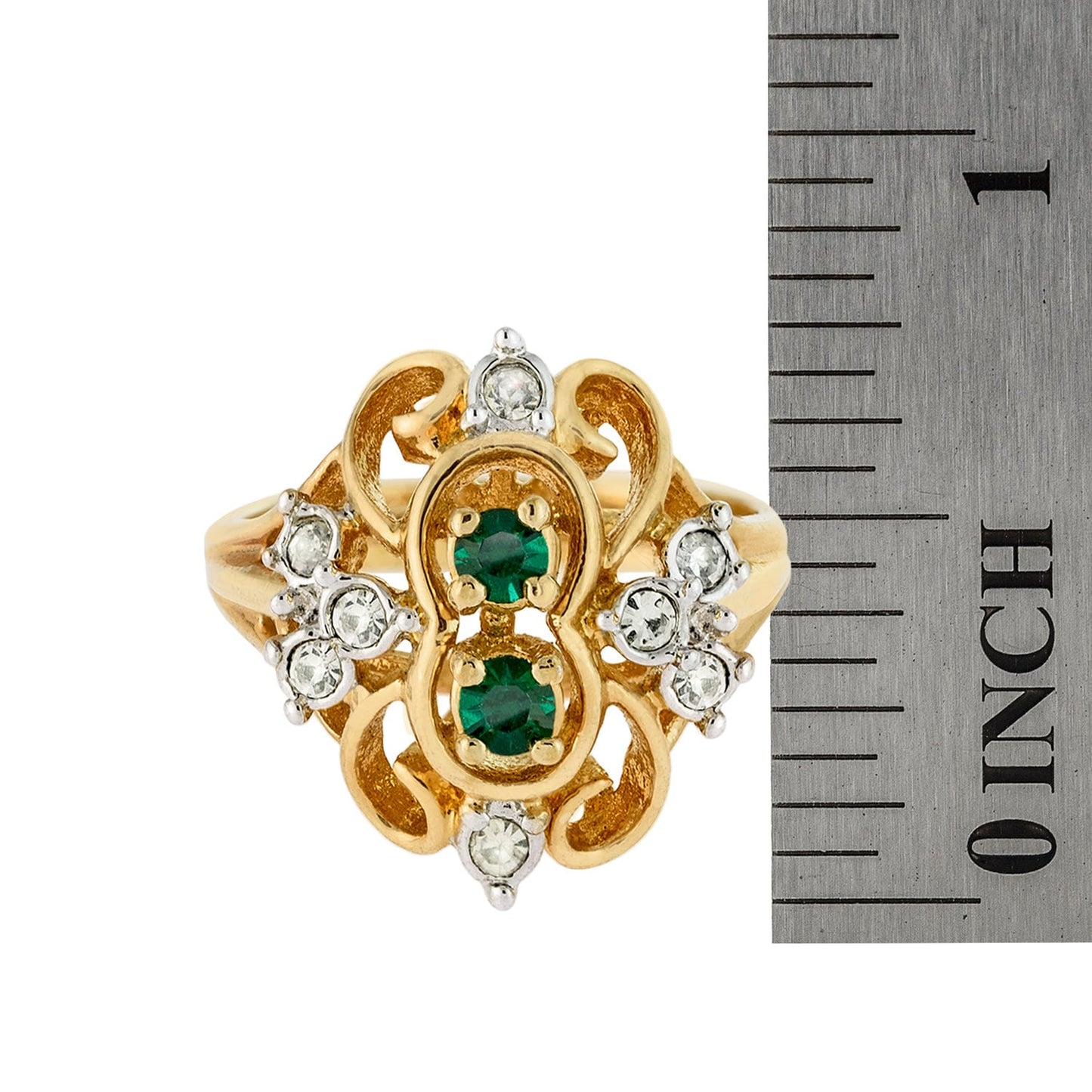 Vintage Ring 1980's Ring Emerald and Clear Austrian Crystal 18k Gold Made in the USA R2057 - Limited Stock - Never Worn