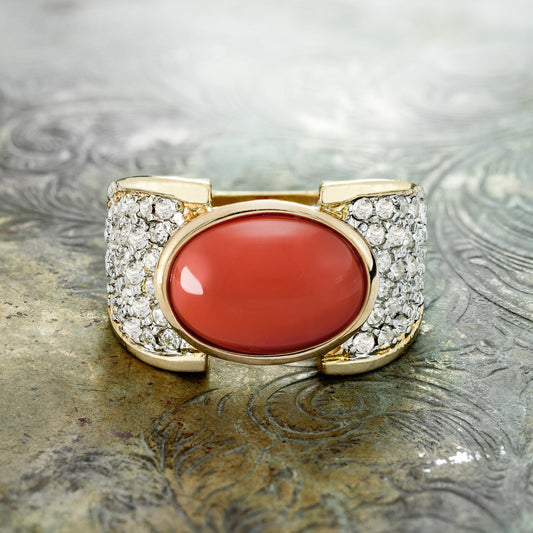 Vintage Genuine Coral and Clear Austrian Crystal Cocktail Ring - 18k Yellow Gold Electroplated - Made in USA jewelry image 1