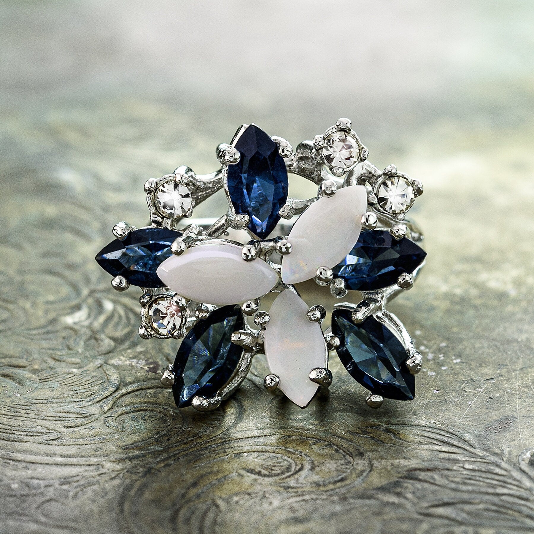 Vintage Ring Genuine Opals Cluster Sapphire and Clear Swarovski Crystals Ring 18k Gold Antique Jewelry #R213 - Limited Stock - Never Worn