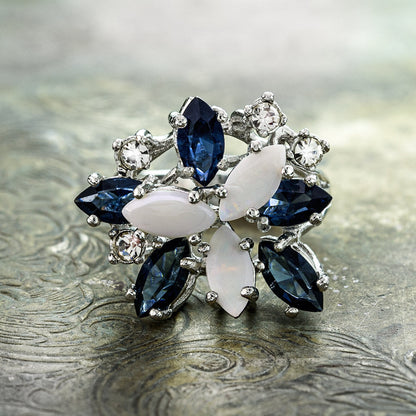 Vintage Ring Genuine Opals Cluster Sapphire and Clear Swarovski Crystals Ring 18k Gold Antique Jewelry #R213 - Limited Stock - Never Worn