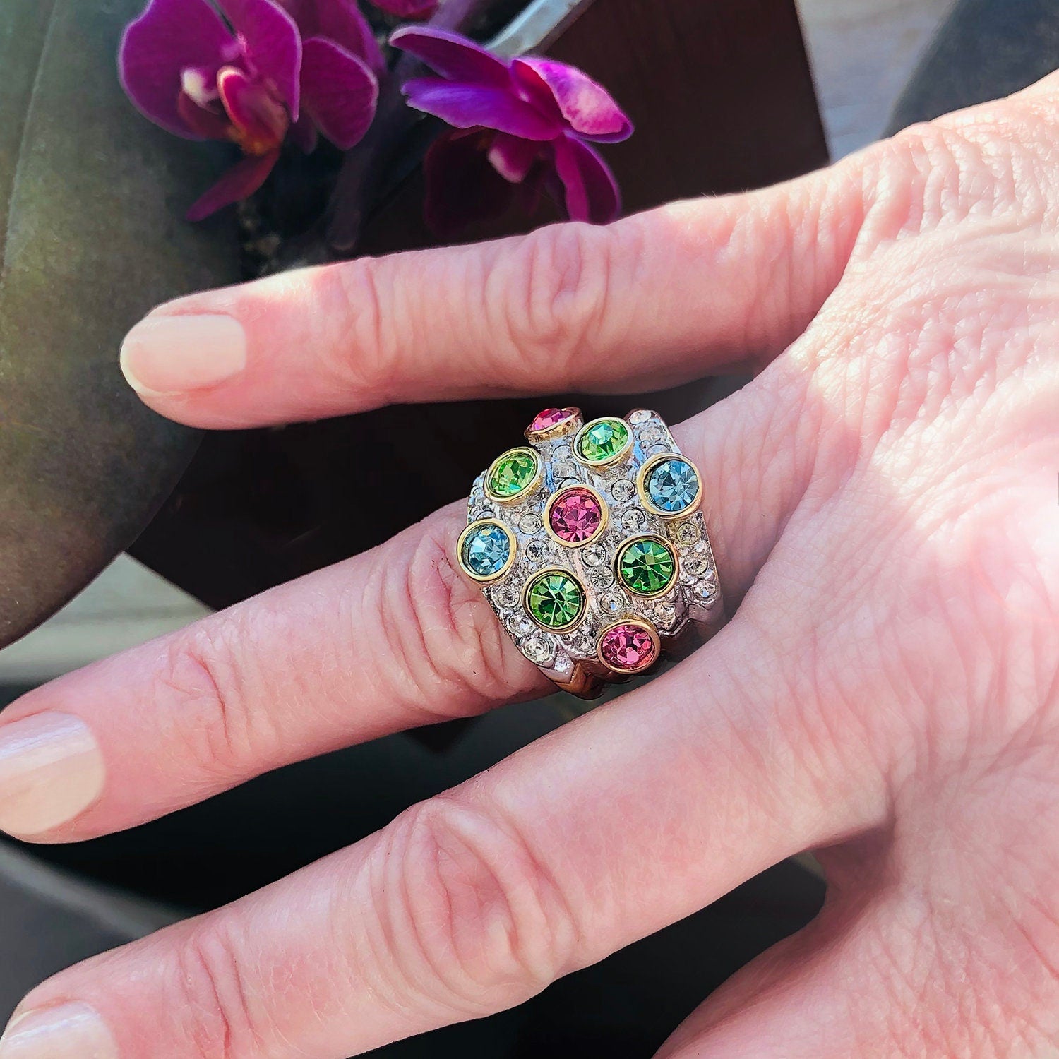 Vintage Ring Pave Multi Color Crystals and Clear Swarovski Crystal Ring 18k Gold - Limited Stock - Never Worn