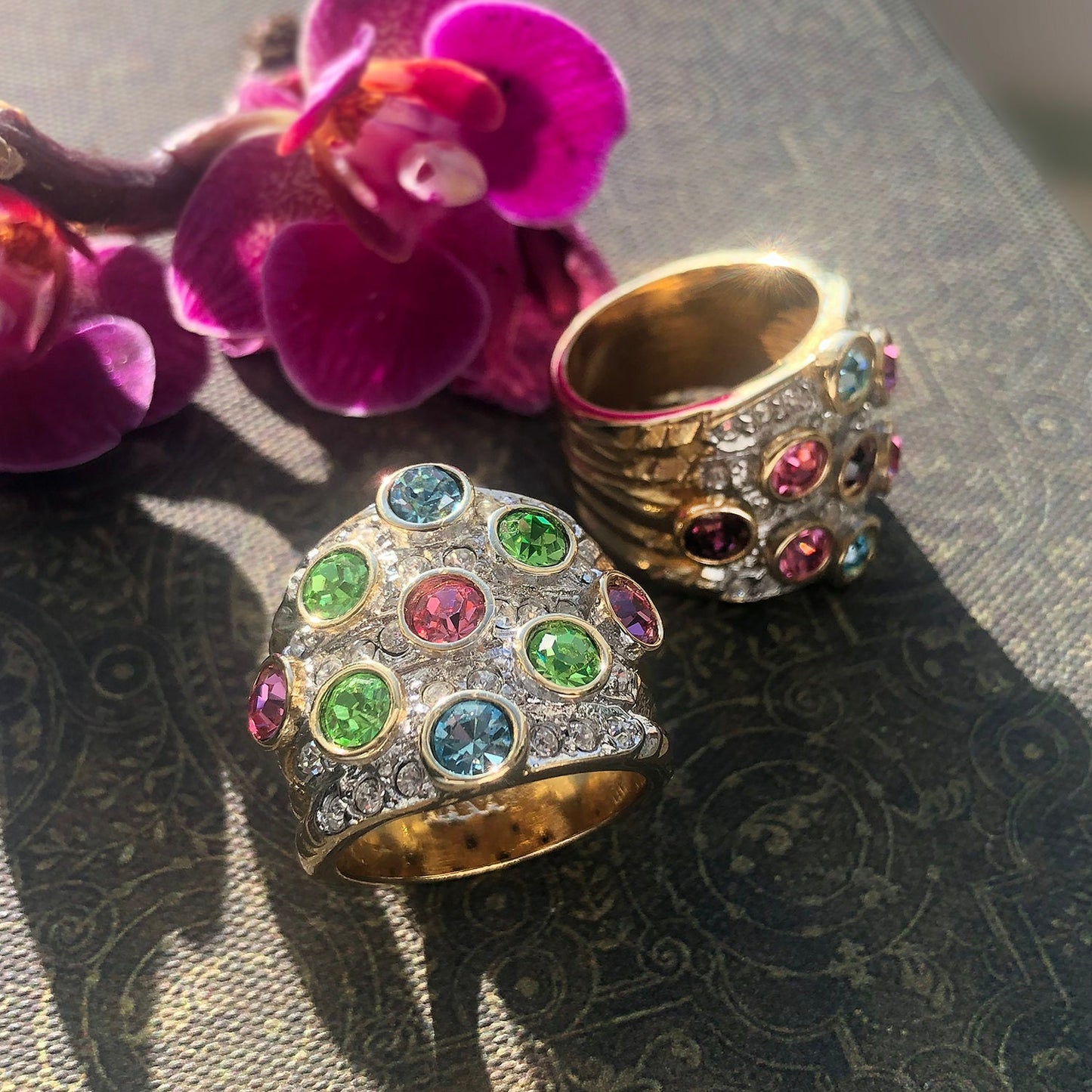 Vintage Ring Pave Multi Color Crystals and Clear Swarovski Crystal Ring 18k Gold - Limited Stock - Never Worn