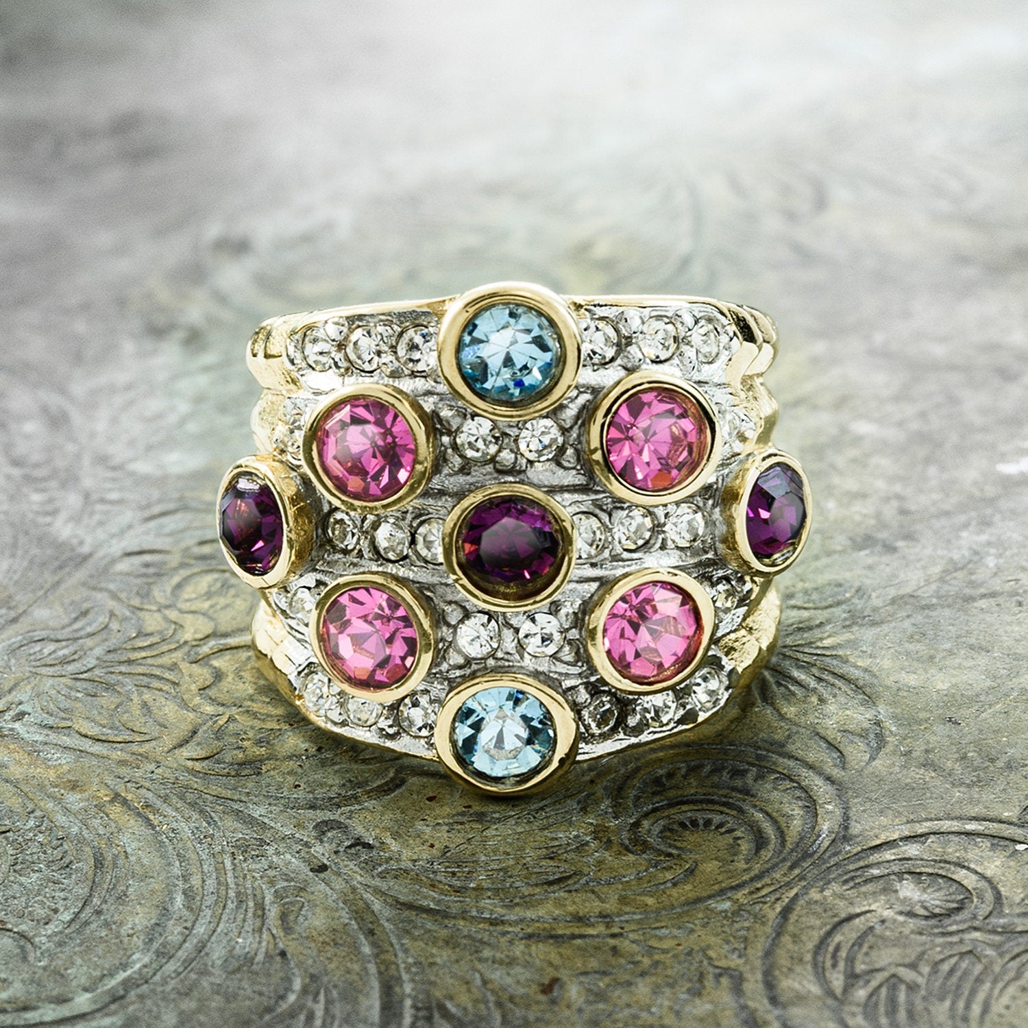 Vintage Ring Pave Multi Color Crystals and Clear Swarovski Crystal Ring 18k Gold - Limited Stock - Never Worn
