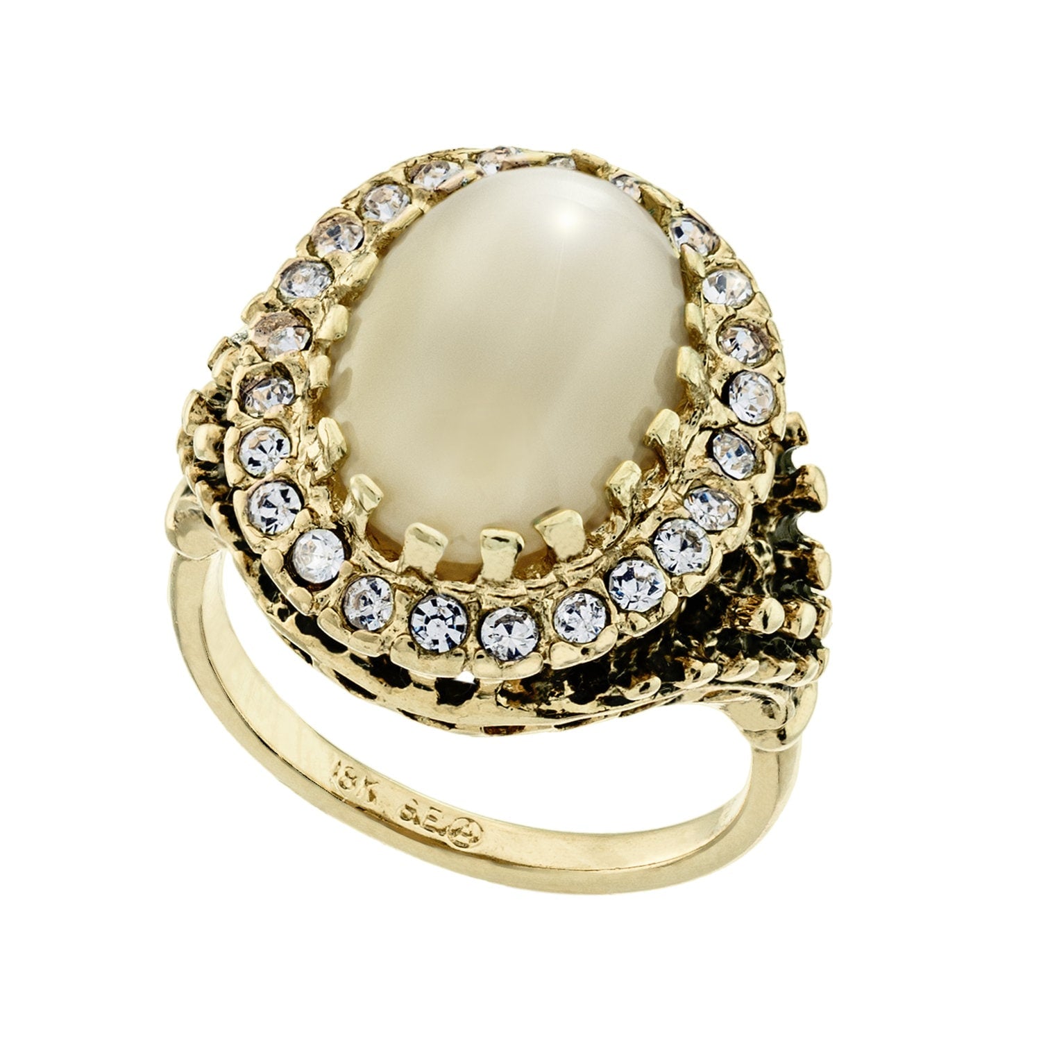 Vintage Ring Genuine Beige Moonstone and Clear Crystal Ring Edwardian Style Antique 18k Gold Ring Womans R169 - Limited Stock - Never Worn