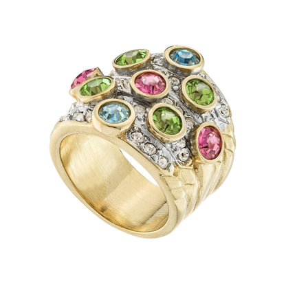 Vintage Ring Pave Pastel Multi Color Crystals Clear Swarovski Crystal Ring 18k Gold Antique Womans Jewelry - Limited Stock - Never Worn