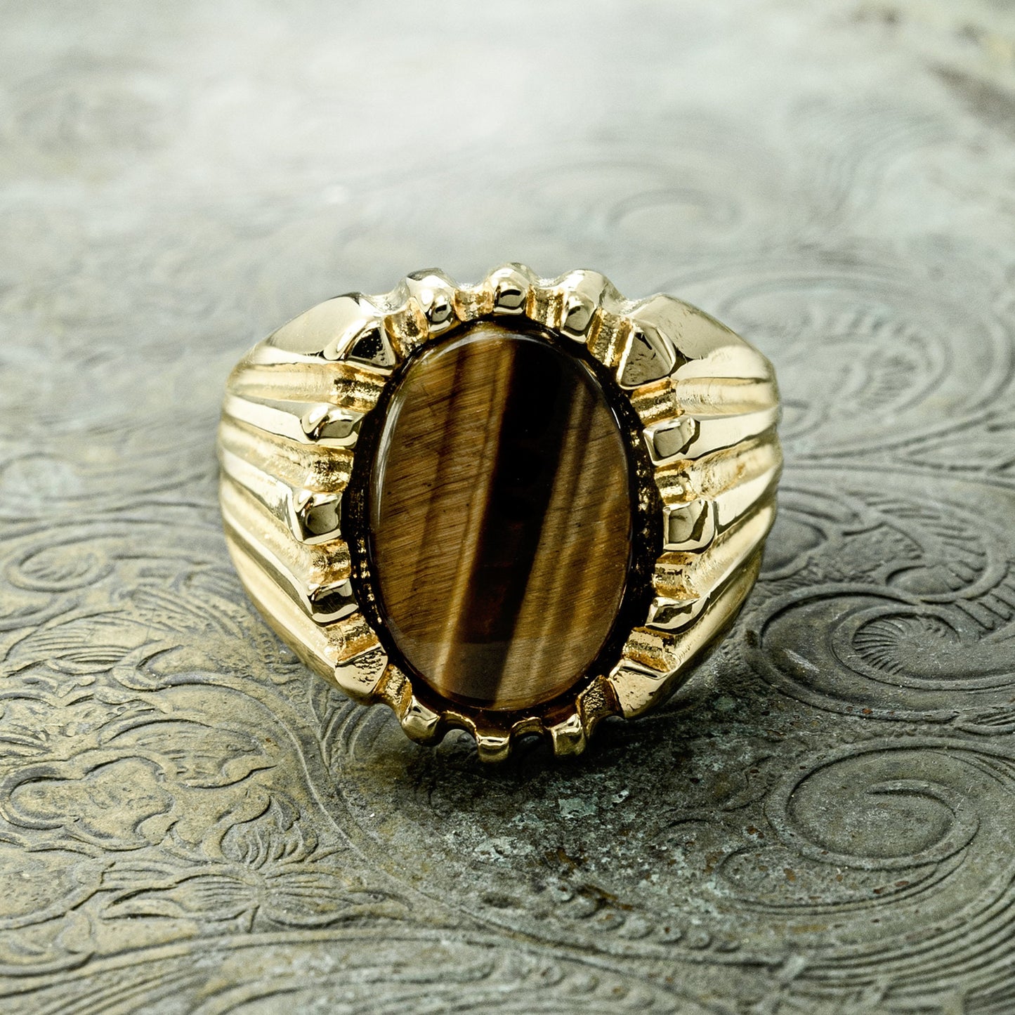 Vintage Ring 1980s Mens Genuine Tiger Eye 18kt Gold Plated Ring Unisex Jewelry #R1960 - Limited Stock - Never Worn