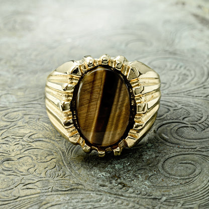 Vintage Ring 1980s Mens Genuine Tiger Eye 18kt Gold Plated Ring Unisex Jewelry #R1960 - Limited Stock - Never Worn