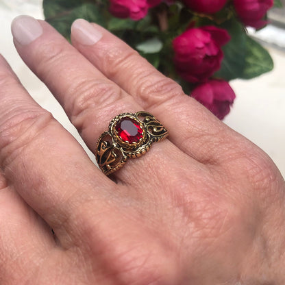 Vintage Ring Ruby Crystal Filigree Ring Antique 18k Gold  R142 - Limited Stock - Never Worn