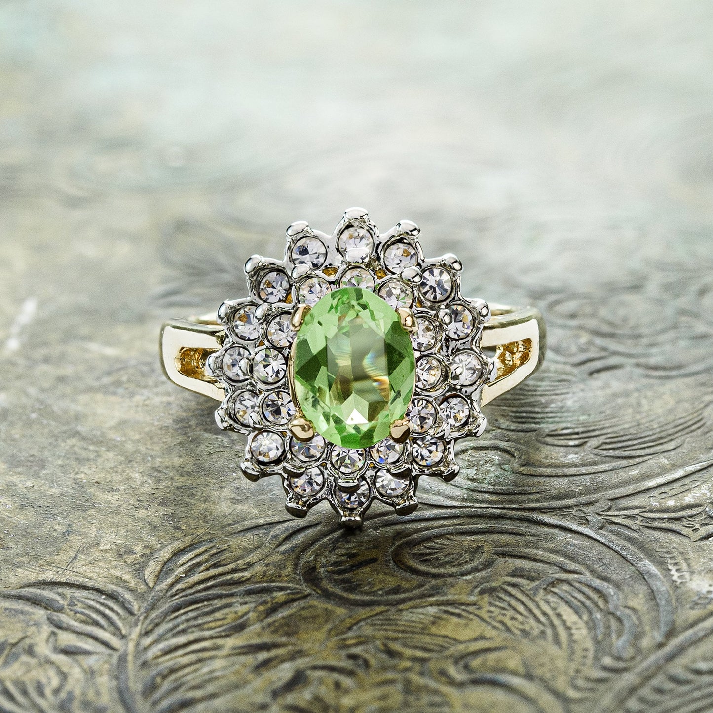 Vintage Ring Peridot and Clear Swarovski Crystals 18k Gold  #R1352-E - Limited Stock - Never Worn