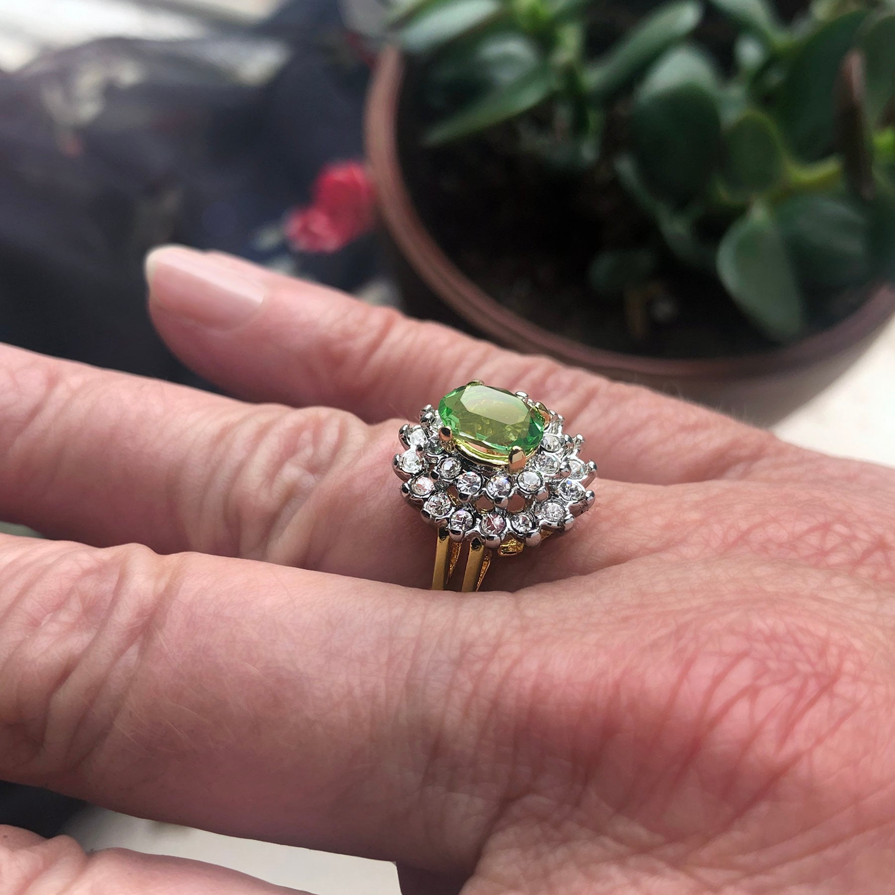 Vintage Ring Peridot and Clear Swarovski Crystals 18k Gold  #R1352-E - Limited Stock - Never Worn