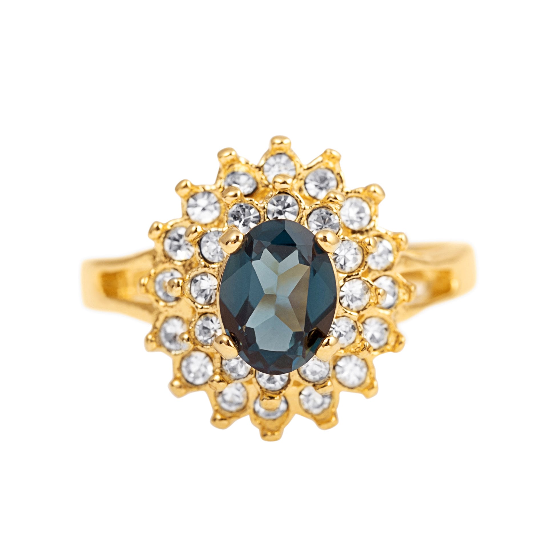Vintage Ring 1970s Sapphire and Clear Swarovski Crystals 18k Gold Ring Womans Jewelry #R1352 - Limited Stock - Never Worn