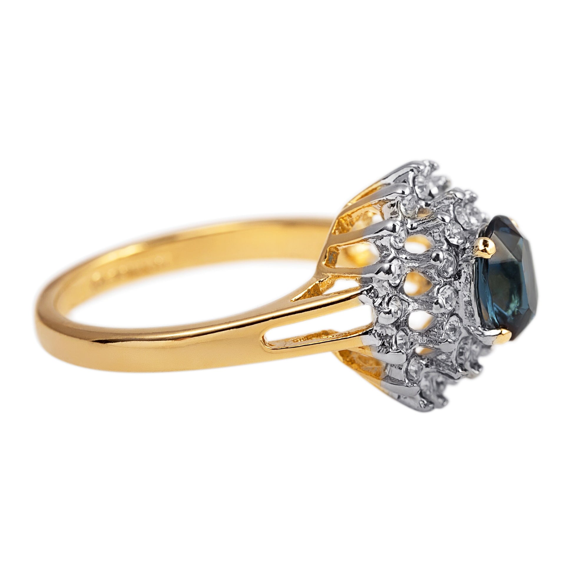 Vintage Ring 1970s Sapphire and Clear Swarovski Crystals 18k and White Gold Silver Ring #R1352 - Limited Stock - Never Worn