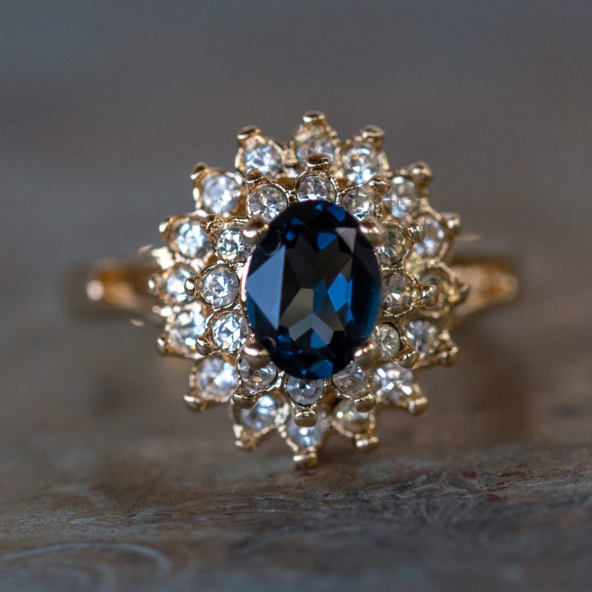 Vintage 1970s Sapphire and Clear Austrian Crystal 18k Gold Electroplated Halo Ring jewelry image 1