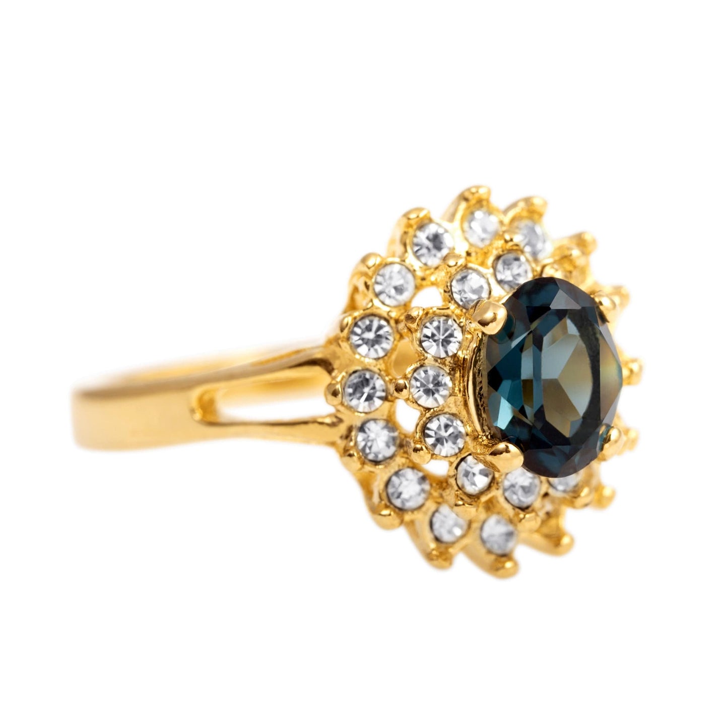 Vintage Ring 1970s Sapphire and Clear Swarovski Crystals 18k Gold Ring Womans Jewelry #R1352 - Limited Stock - Never Worn