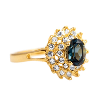 Vintage Ring 1970s Sapphire and Clear Swarovski Crystals 18k Gold Ring Womans Jewelry #R1352 - Limited Stock - Never Worn